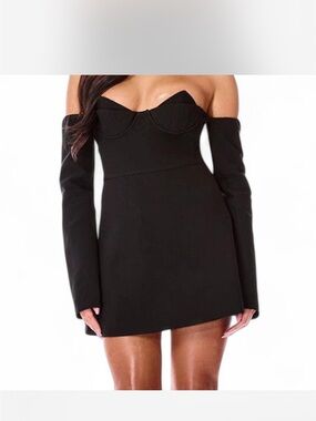 PLT Label Off-Shoulder Black Mini Dress with Long Sleeves